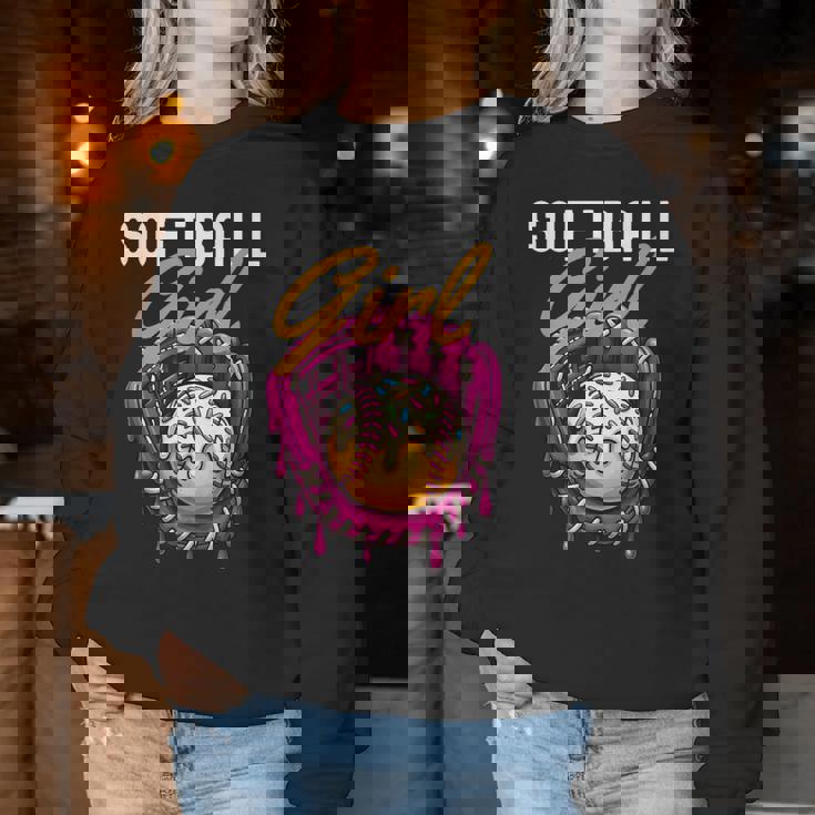 ソフトボール 女の子 名言 滴る アイスクリーム グラフィック ソフトボール ドリップ レディーススウェットシャツ 面白い贈り物