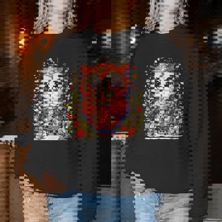 フクロウ ドリンク ボバ ティー ボヘミアン 羽 女の子 花 ニューエイジ レディーススウェットシャツ 面白い贈り物