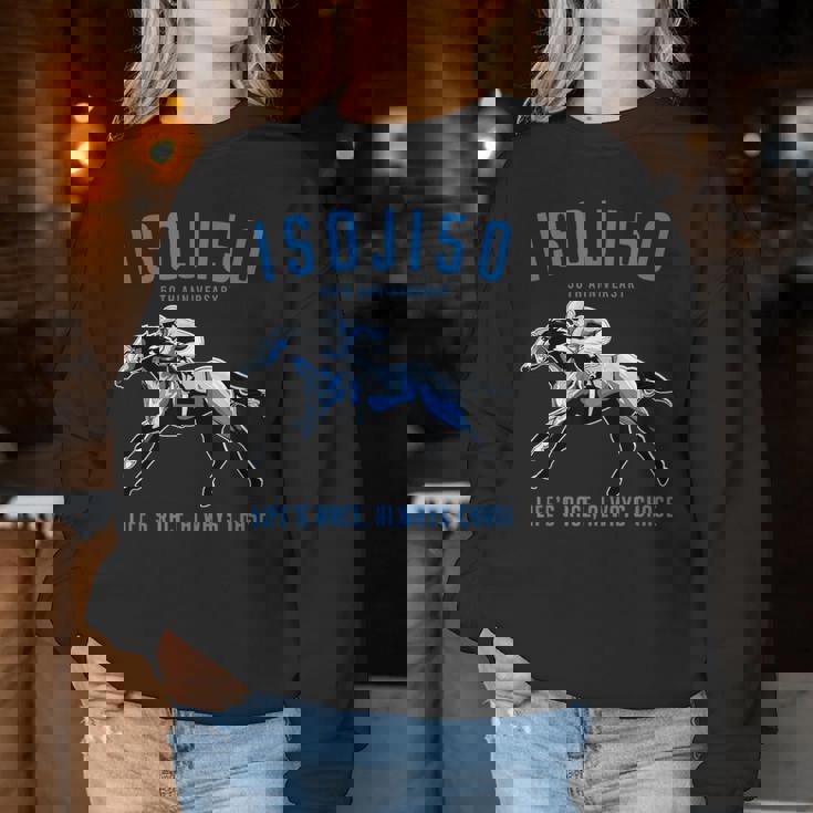 早寿祝い 五十路 競馬好き 馬好き 父 母 男性 女性 50歳お祝い Life's Race Always Chase レディーススウェットシャツ 面白い贈り物