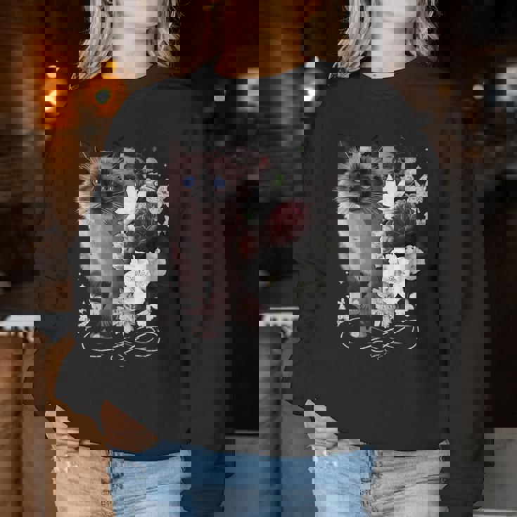 花とシャム猫、ヴィンテージ感、花柄シャム猫 レディーススウェットシャツ 面白い贈り物