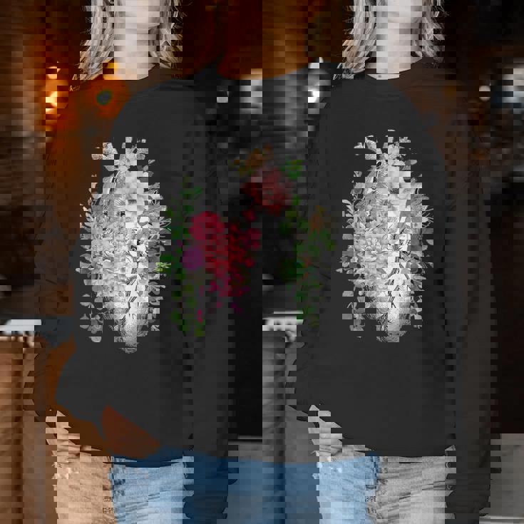 花の解剖学 人間の心とバラ、ボタニカルハート レディーススウェットシャツ 面白い贈り物