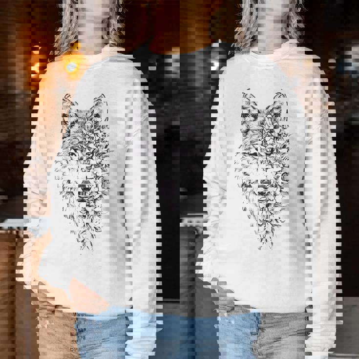 ウルフ フローラル ヴィンテージ 花 オオカミの顔 オオカミの恋人 レディーススウェットシャツ 面白い贈り物