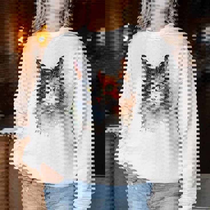 クールな水彩 三毛猫顔 三毛猫 お母さん 猫 お父さん レディーススウェットシャツ 面白い贈り物