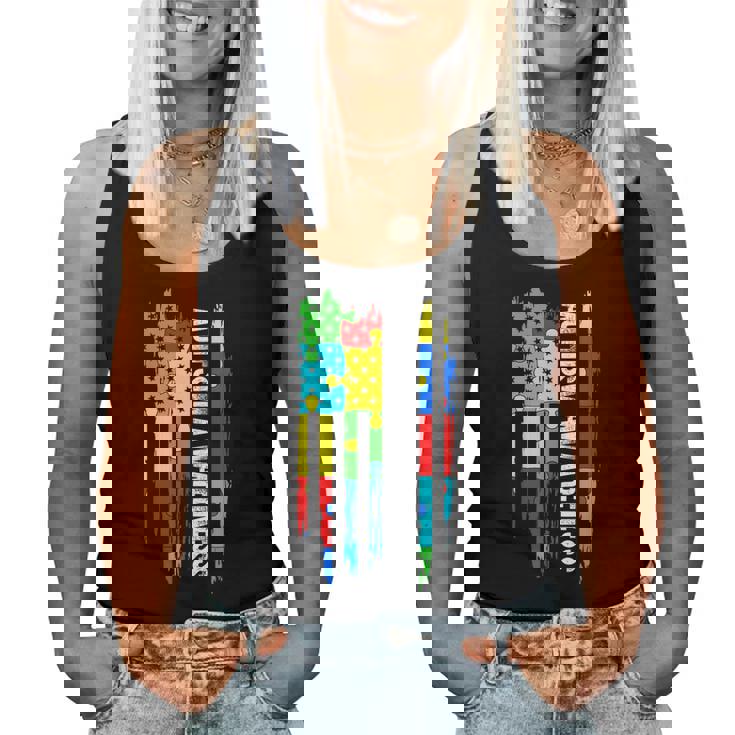 Autism Awareness Mom Dad Usa Flag Women Tank Top