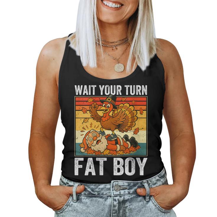 Thanksgiving Wait Your Turn Fat Boy Turkey & Santa Women Tank Top