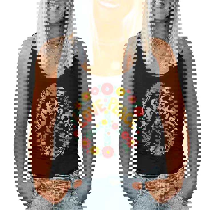 Love Peace Flower Power レトロ ヒッピー フローラル ピースマーク レディースタンクトップ