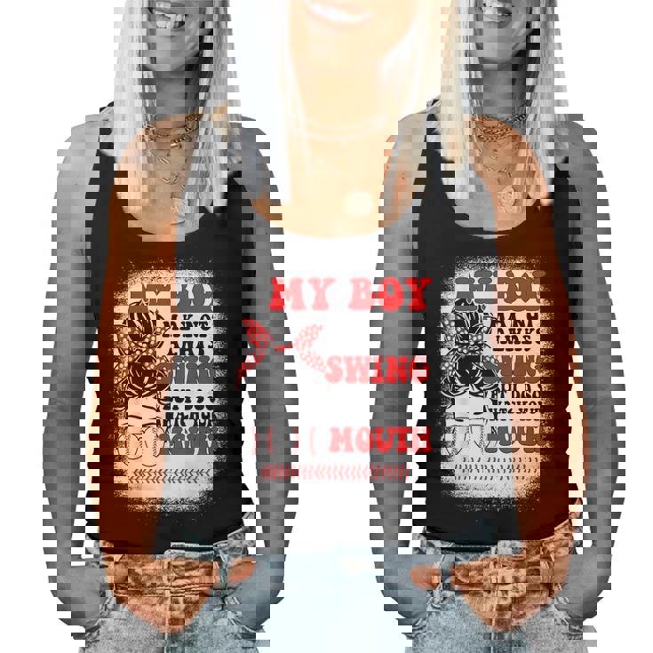 Messy Bun Softball Mom My Boy May Not Always Swing But I Do Women Tank Top