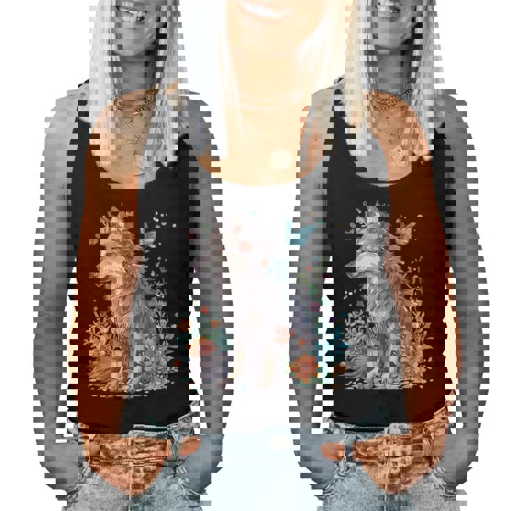 かわいいオオカミ 花 I キッズ オオカミ 長袖tシャツ レディースタンクトップ