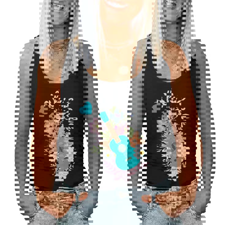 ウクレレギフト 70年代の花のウクレレ奏者 レディースタンクトップ