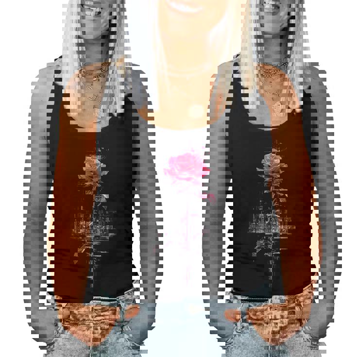 バラ 花 イラスト グラフィック 抽象 ピクセルアート バラ レディースタンクトップ