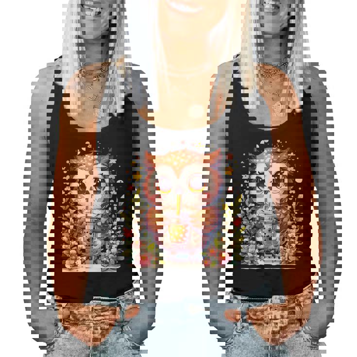 フクロウ ドリンク ボバ ティー ボヘミアン 羽 女の子 花 ニューエイジ レディースタンクトップ