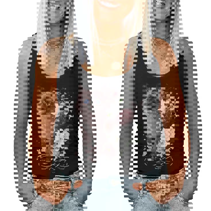 花とシャム猫、ヴィンテージ感、花柄シャム猫 レディースタンクトップ