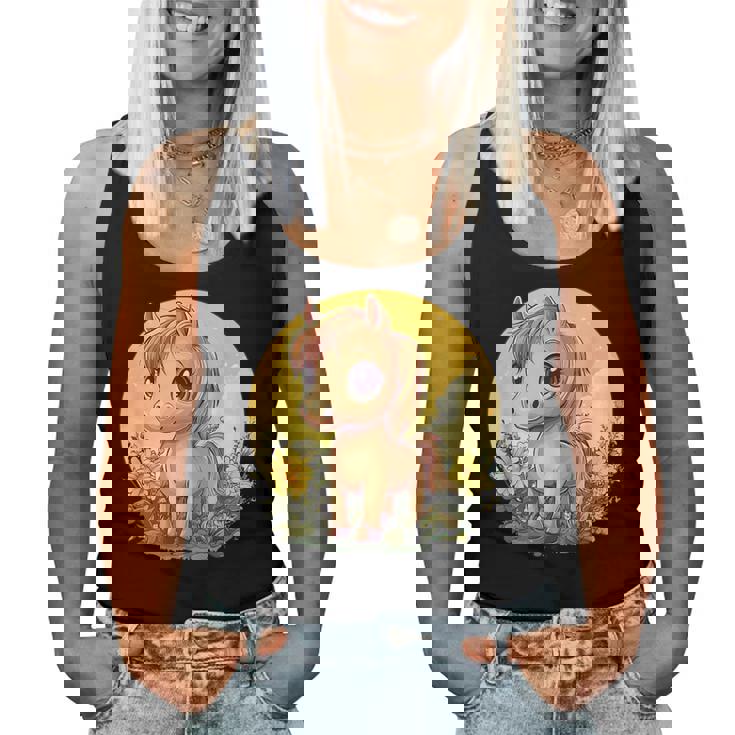 花畑に大きな目を持つかわいいポニー レディースタンクトップ