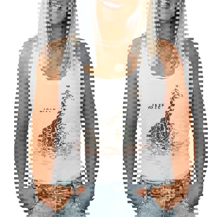 Giraffe キリン イラスト おしゃれ かっこいい キリンの絵 リアル 熱帯の花 野生生物 キリン好き レディースタンクトップ