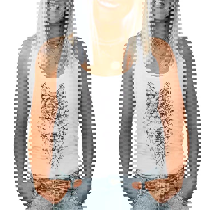 ウルフ フローラル ヴィンテージ 花 オオカミの顔 オオカミの恋人 レディースタンクトップ