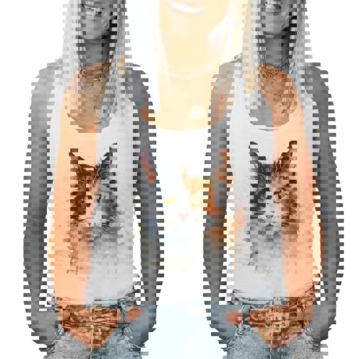 クールな水彩 三毛猫顔 三毛猫 お母さん 猫 お父さん レディースタンクトップ