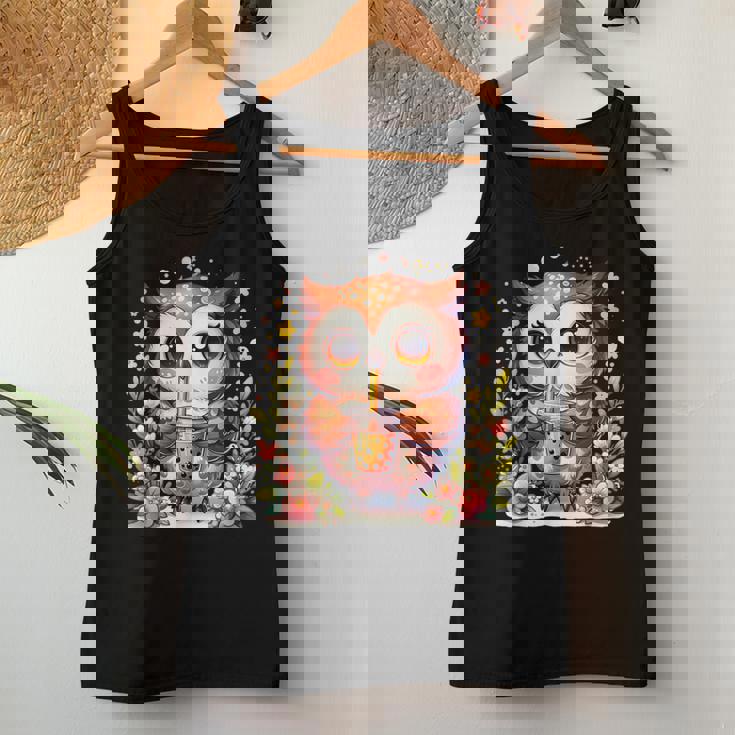 フクロウ ドリンク ボバ ティー ボヘミアン 羽 女の子 花 ニューエイジ レディースタンクトップ 面白い贈り物