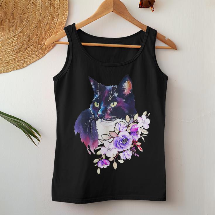 花と猫、水彩画のような表情 レディースタンクトップ 面白い贈り物