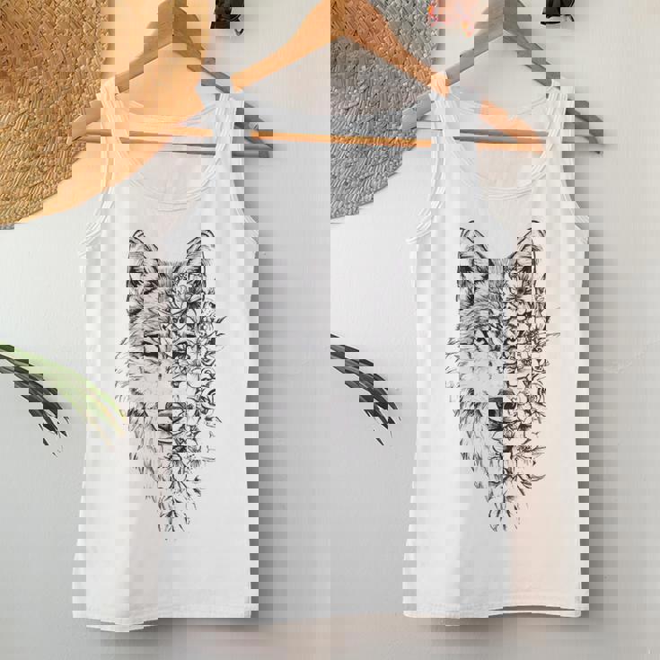 ウルフ フローラル ヴィンテージ 花 オオカミの顔 オオカミの恋人 レディースタンクトップ 面白い贈り物