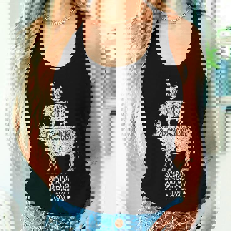 Cow Pig Chicken Bbq Joke 牛と豚と鶏 おかしいバーベキューミートイーター シェフギフト レディースタンクトップ 彼女への贈り物