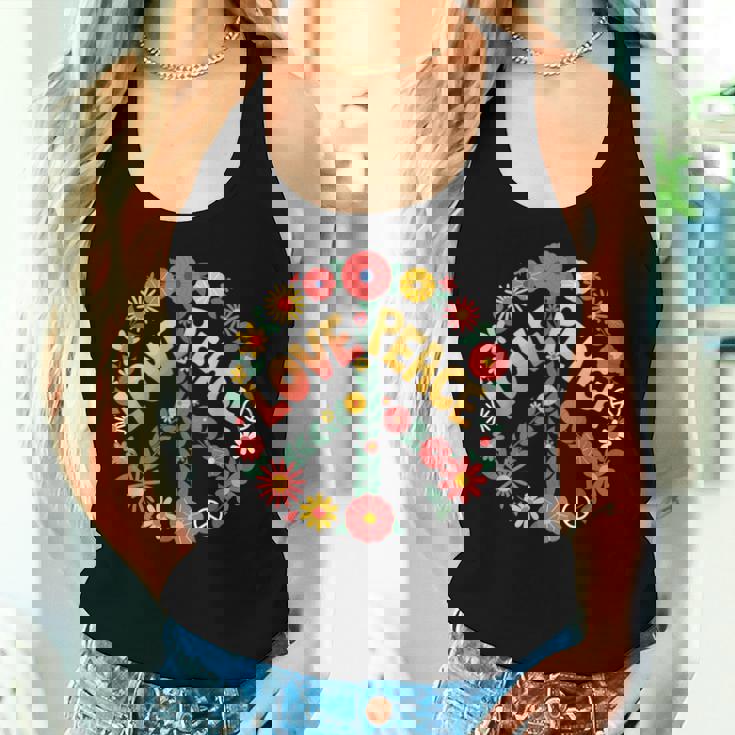 Love Peace Flower Power レトロ ヒッピー フローラル ピースマーク レディースタンクトップ 彼女への贈り物