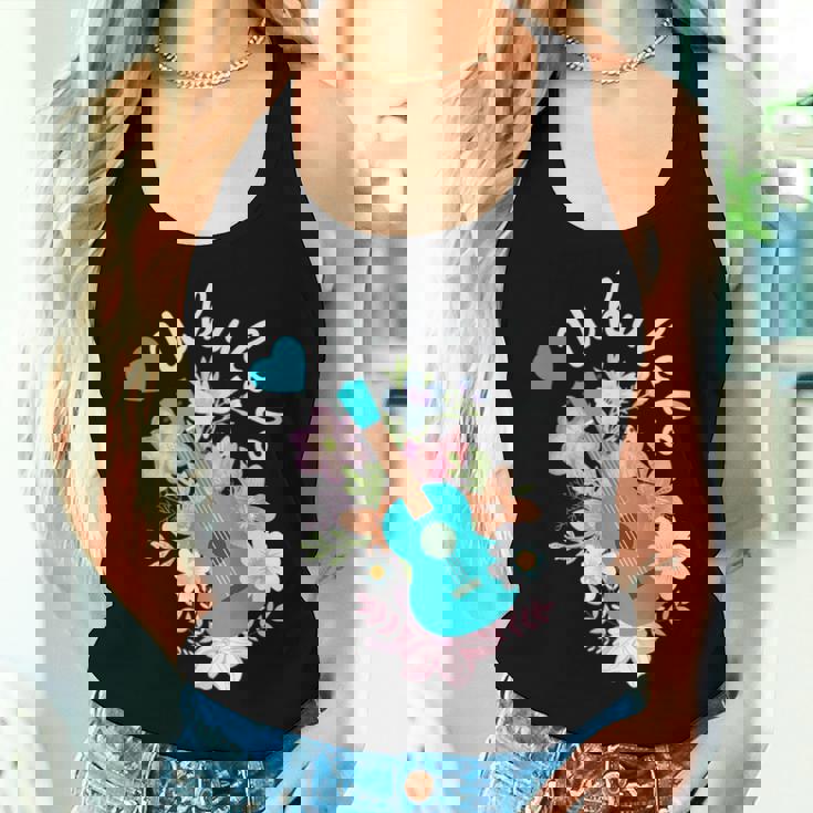 ウクレレギフト 70年代の花のウクレレ奏者 レディースタンクトップ 彼女への贈り物