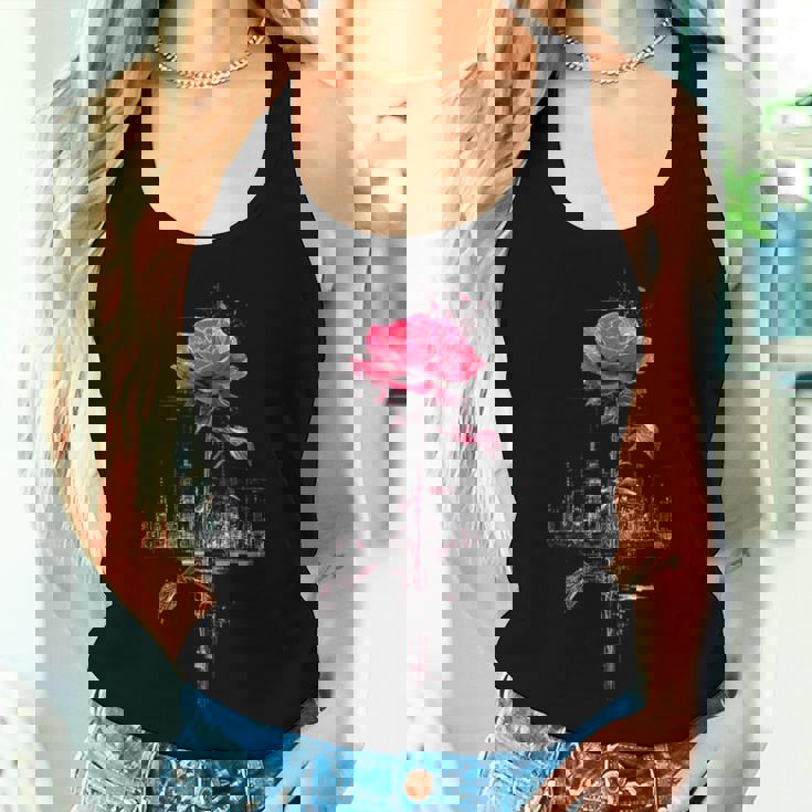 バラ 花 イラスト グラフィック 抽象 ピクセルアート バラ レディースタンクトップ 彼女への贈り物