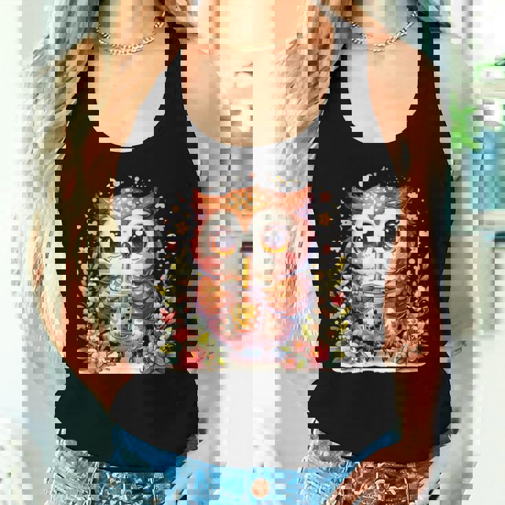 フクロウ ドリンク ボバ ティー ボヘミアン 羽 女の子 花 ニューエイジ レディースタンクトップ 彼女への贈り物