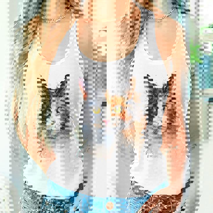 クールな水彩 三毛猫顔 三毛猫 お母さん 猫 お父さん レディースタンクトップ 彼女への贈り物