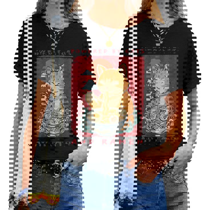 Powered By Cats And Ramen Japanese Cute Cat Lovers Women T-shirt