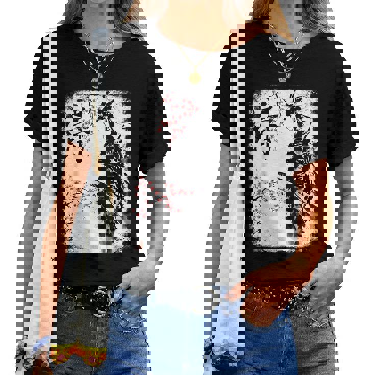 Samurai Giraffe Ninja Budo Japan Worrior Cherry Blosson レディースTシャツ