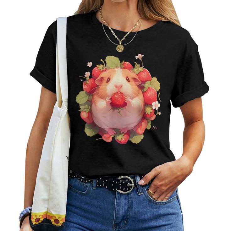 いちご モルモット 水彩 花柄 かわいい モルモット レディースTシャツ