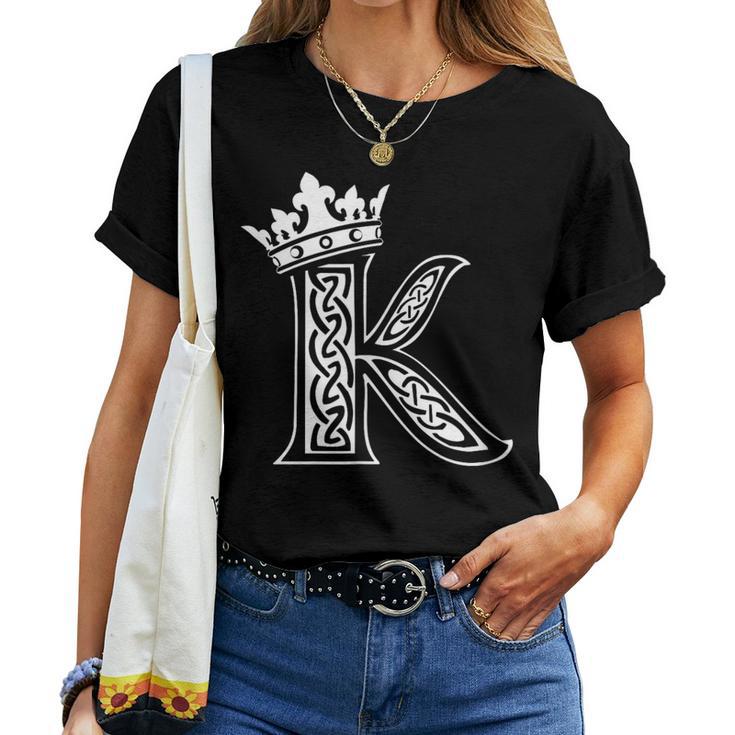 アルファベットtシャツ イニシャル文字 K & King Queen 王冠 レディースTシャツ