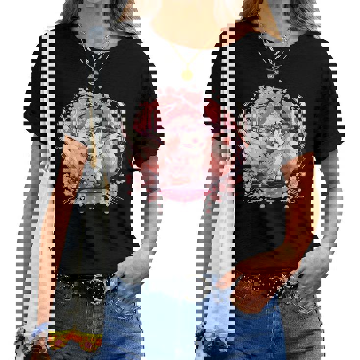 キツネ キツネ 九尾キツネ 桜花 レディースTシャツ