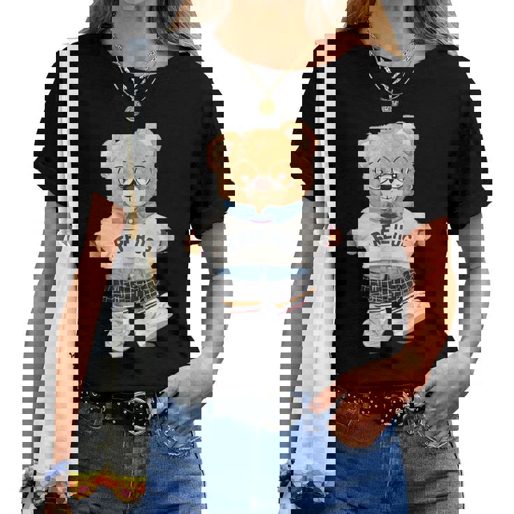 クールなテディベアの女の子と無料の抱擁イラストグラフィック。 レディースTシャツ