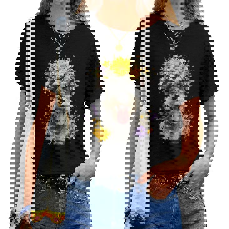 シュナウザー ママ 犬好き 母の日 レトロ 花 レディースTシャツ