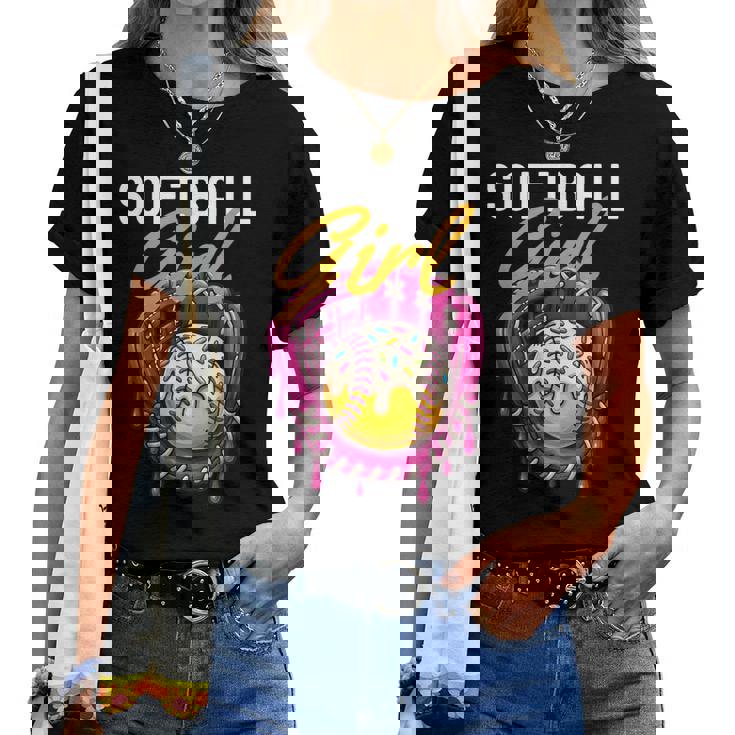 ソフトボール 女の子 名言 滴る アイスクリーム グラフィック ソフトボール ドリップ レディースTシャツ