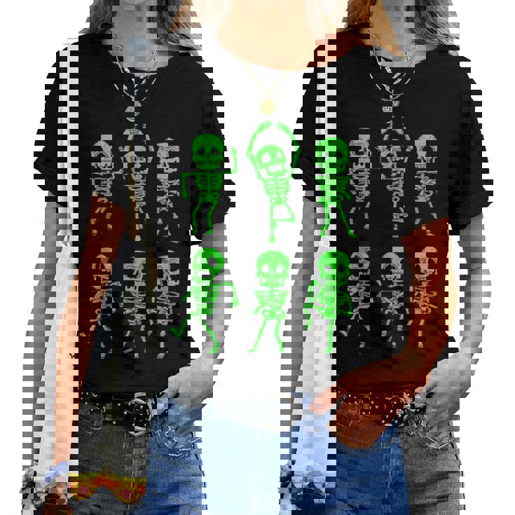ハロウィン ダンシングスケルトン グリーン 不気味な男の子 女の子 キッズ レディースTシャツ