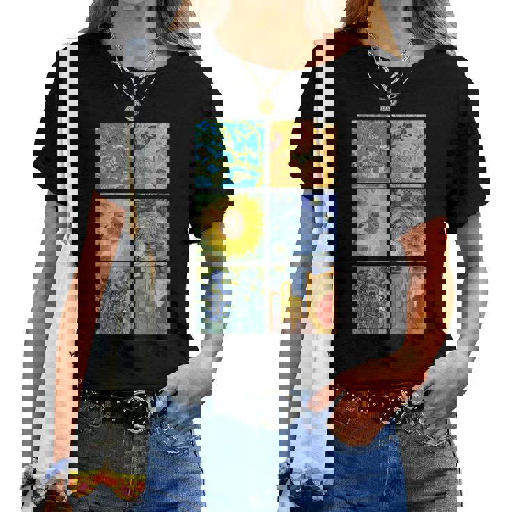 ヴァン・ゴッホコラージュ 星月夜 ひまわり アーモンドの花 レディースTシャツ