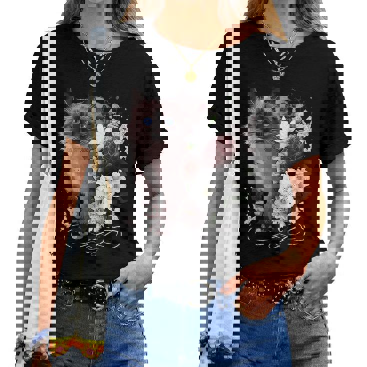 花とシャム猫、ヴィンテージ感、花柄シャム猫 レディースTシャツ