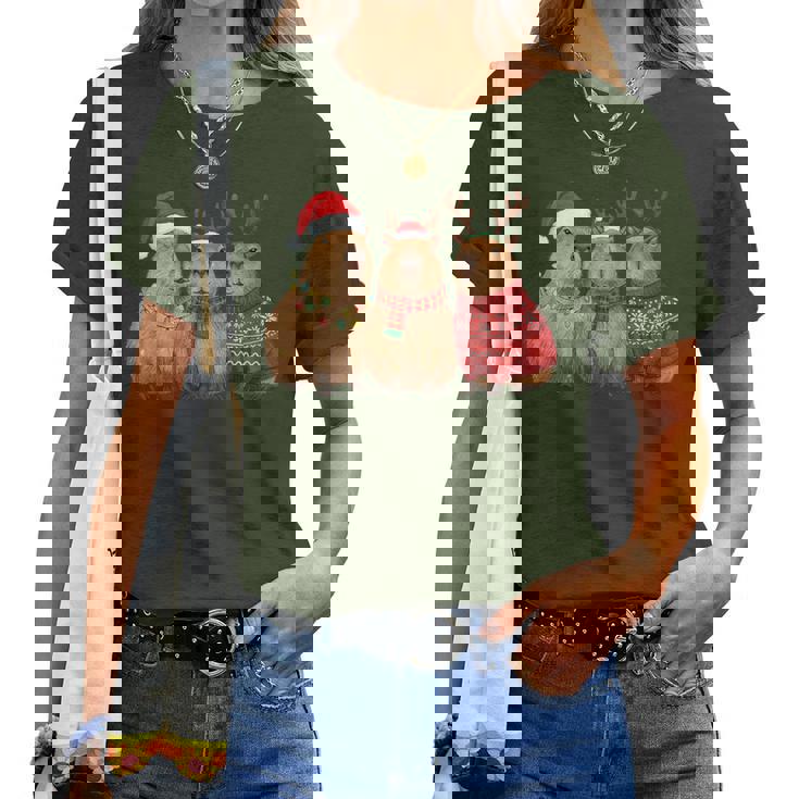 Capybara Christmas Tree Lights Reindeer Santa Hat Xmas Women T-shirt