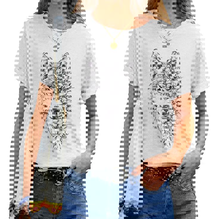 ウルフ フローラル ヴィンテージ 花 オオカミの顔 オオカミの恋人 レディースTシャツ