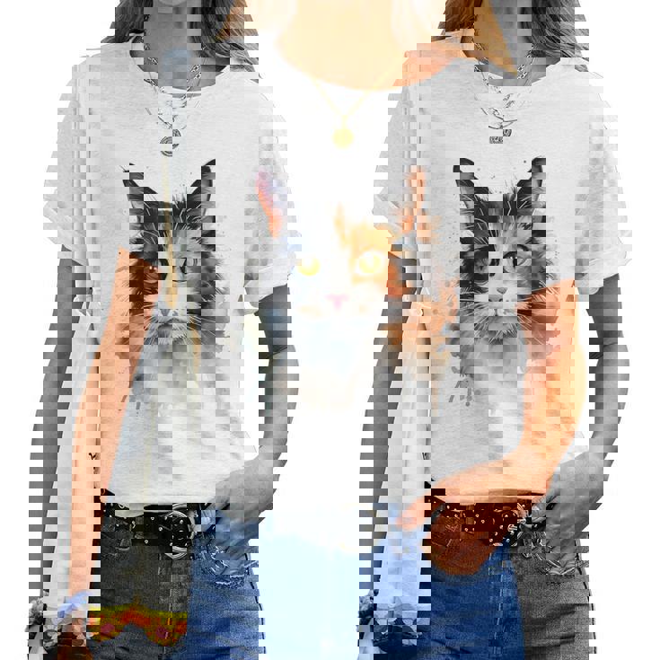 クールな水彩 三毛猫顔 三毛猫 お母さん 猫 お父さん レディースTシャツ