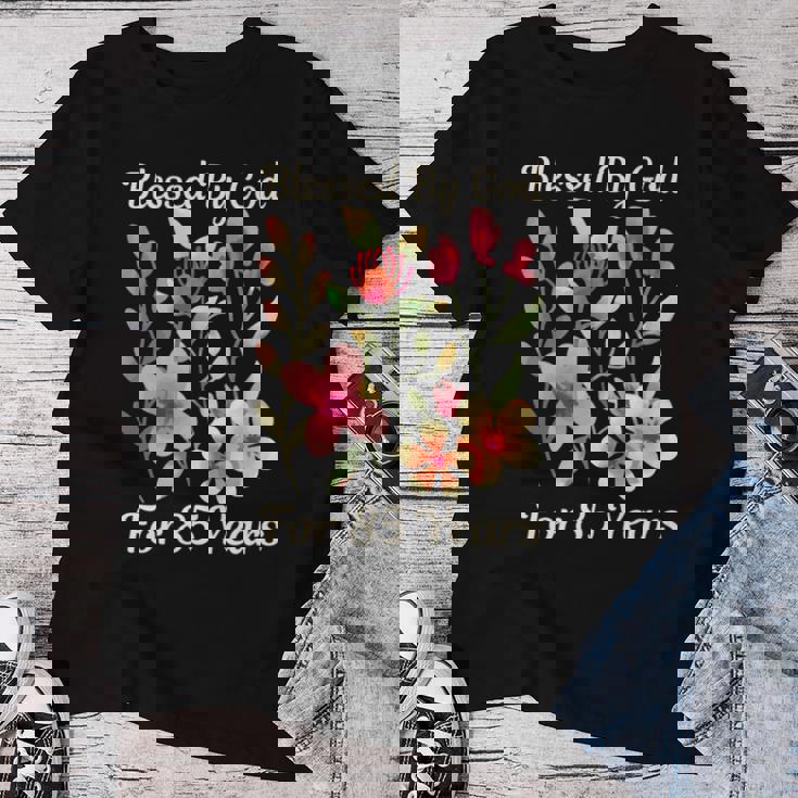 85歳 神様の祝福 かわいい庭の花 85歳の誕生日 長袖tシャツ レディースTシャツ 面白い贈り物