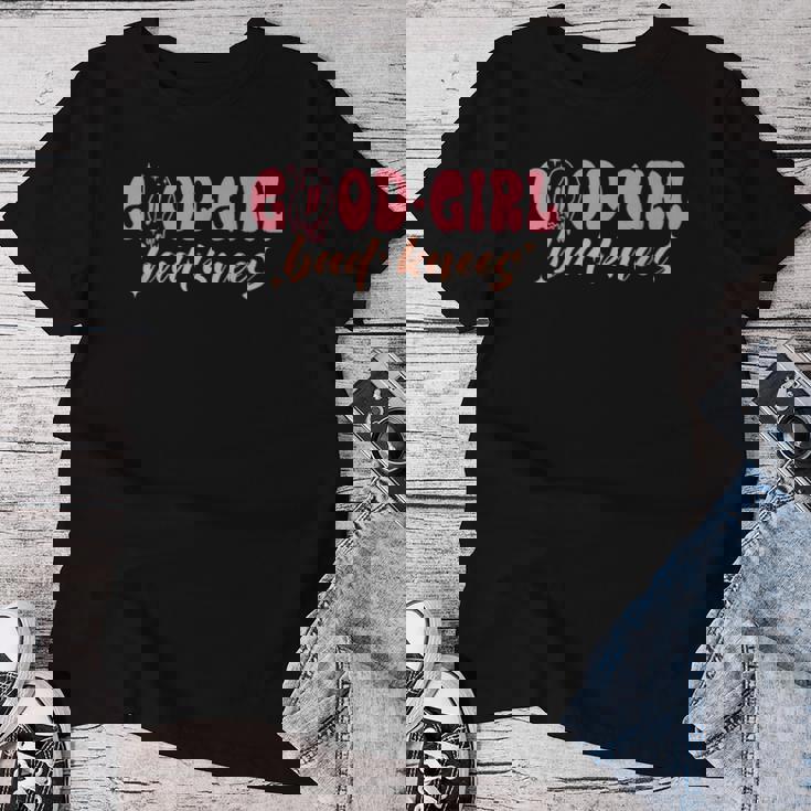 Good Girl Bad Knees 面白い 関係 膝の問題 ジョーク レディースTシャツ 面白い贈り物