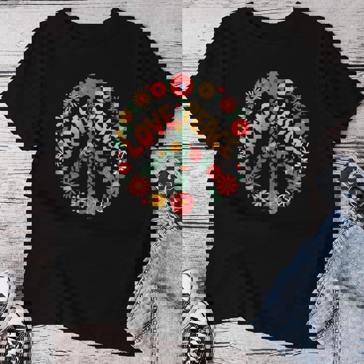 Love Peace Flower Power レトロ ヒッピー フローラル ピースマーク レディースTシャツ 面白い贈り物