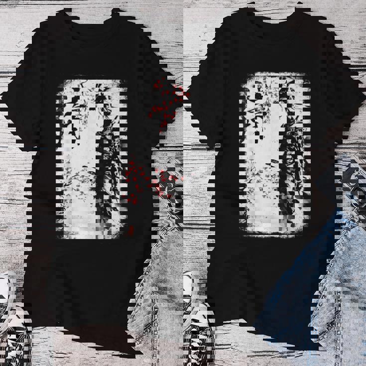 Samurai Giraffe Ninja Budo Japan Worrior Cherry Blosson レディースTシャツ 面白い贈り物