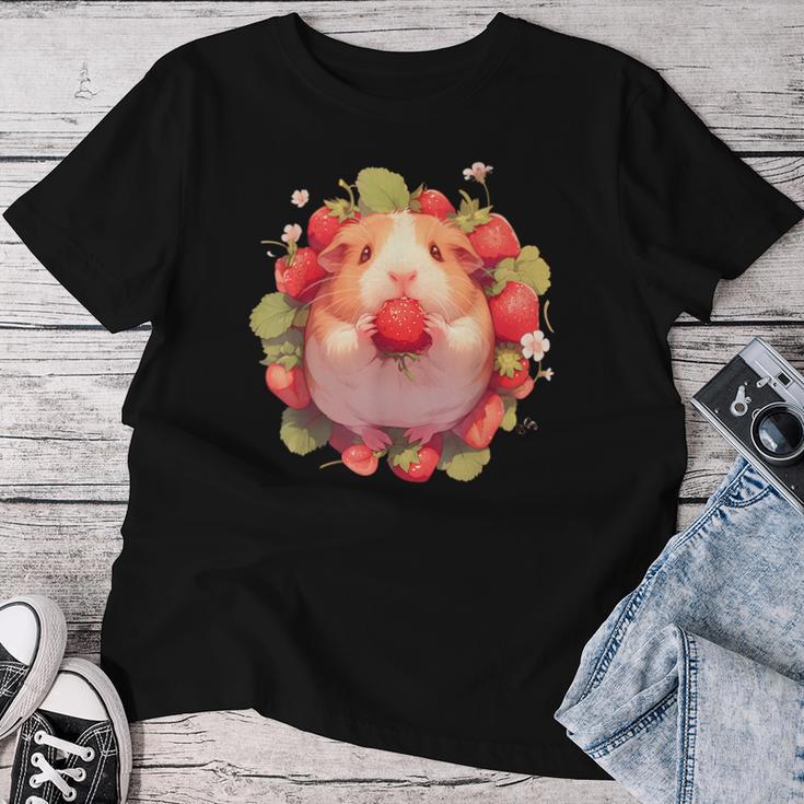 いちご モルモット 水彩 花柄 かわいい モルモット レディースTシャツ 面白い贈り物