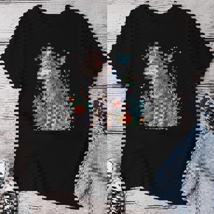 かわいいオオカミ 花 I キッズ オオカミ 長袖tシャツ レディースTシャツ 面白い贈り物