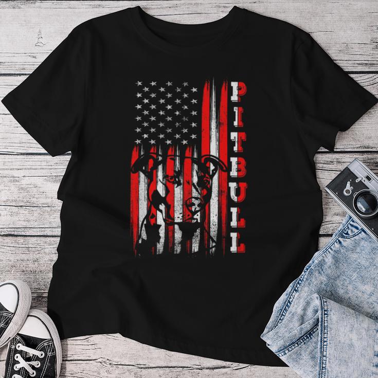 アメリカン ピットブル・テリア国旗 面白い犬 お父さん お母さん ギフト レディースTシャツ 面白い贈り物
